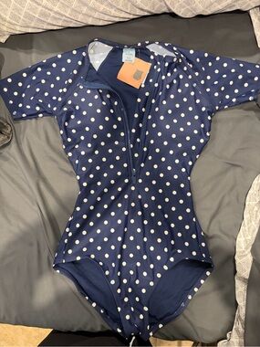 Shade and Shore Women’s Navy Polka Dot One-Piece Swimsuit with Front Zip